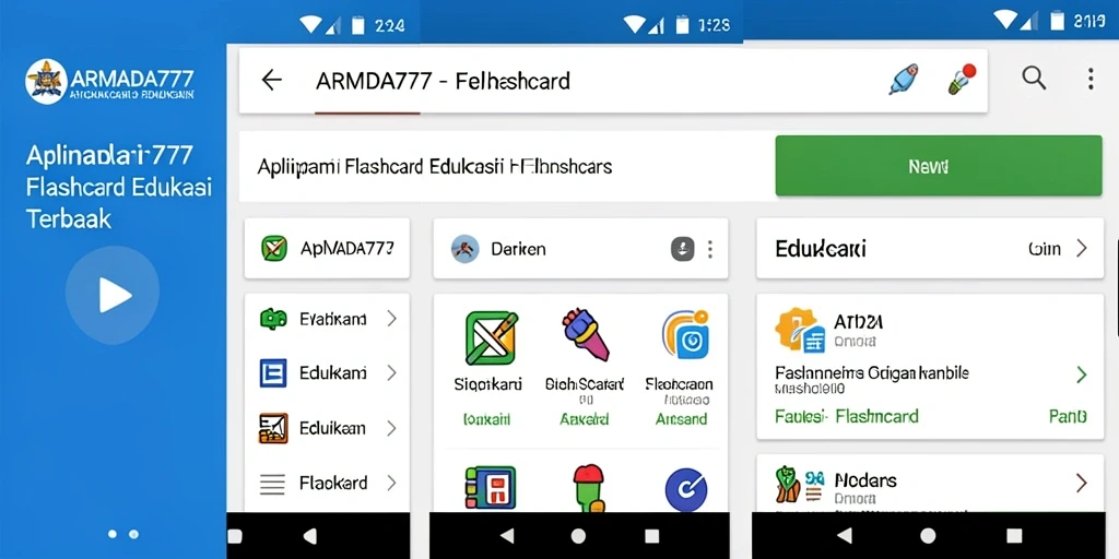 Tampilan antarmuka aplikasi Flashcard ARMADA777 yang interaktif.