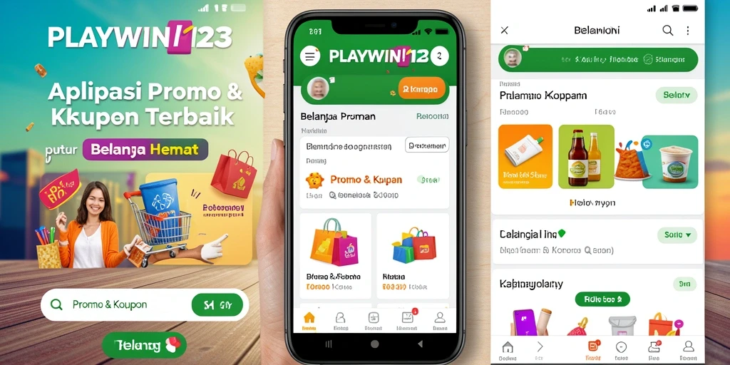 Tampilan antarmuka aplikasi PLAYWIN123 dengan fitur promo dan kupon.